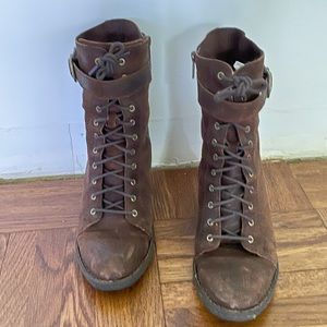 Born Lace Up Distressed Brown Leather Heeled Boots, Women’s Size 10